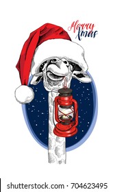 Christmas card. Giraffe in a red Santa's cap with a Lantern on a night. Vector illustration.
