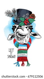 Christmas card  Giraffe in Snowman top hat   in scarf  Vector illustration 