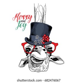 Christmas card  Giraffe in Snowman top hat and holly   in red glasses  Vector illustration 