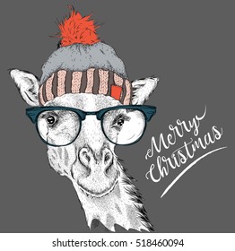 Christmas card with giraffe in winter hat. Merry Christmas lettering design. Vector illustration