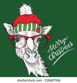 Christmas card with giraffe in winter hat. Merry Christmas lettering design. Vector illustration