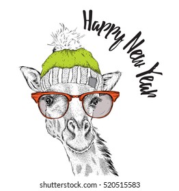 Christmas card with giraffe in winter hat. Merry Christmas lettering design. Vector illustration