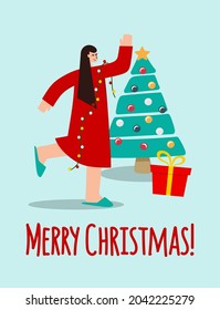 Christmas card with a girl decorating a Christmas tree. The concept of Christmas and New Year. Vector illustration.