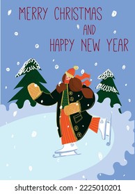 Christmas card with a girl on the ice rink. Woman in warm clothes is skating. Greeting card for New Year, invitation. Flat style, vector illustration.