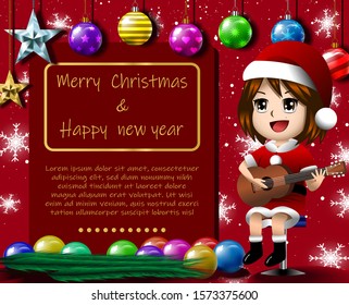 Christmas card of a girl wearing Santa Claus outfit. Decorated with golden stars, balls and leaves, with a red background and snow and white snowflakes.