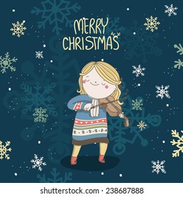 Christmas card with girl who plays on violin on it. Happy New Year and Merry Christmas! 