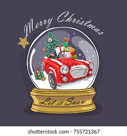 Christmas card. Glass Snow Globe. Fir-tree and gifts in a red car. Vector illustration.