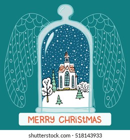 Christmas card with glass transparent dome with wings, with winter landscape and snow-covered village - vector illustration