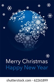 Christmas card with globe and snowflakes. Blue Background