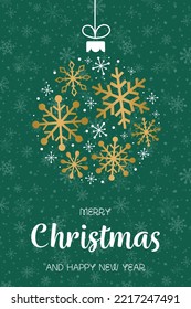 Christmas card with glossy bauble made of snowflakes. Vector illustration