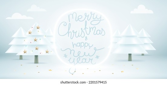 Christmas card with glowing superellipse frame with lettering inscription.Merry Christmas and Happy New year