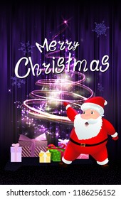 Christmas card with a glowing Christmas tree and Santa Claus. Vector festive illustration. Red explosion.