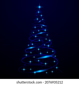 Christmas card glowing Christmas tree. Vector illustration of a Christmas tree with glowing garlands on a dark background and bright stars.