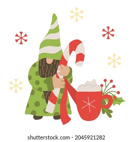 Christmas card with a gnome with a candy cane and cup of cappuccino. Vector illustration isolated on white. Red and green colors.  