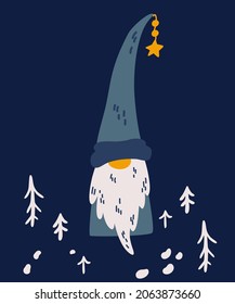 Christmas card with a gnome. Landscape. Winter holidays nature design greeting cards template, frame. Cozy Winter. Vector xmas illustration.
