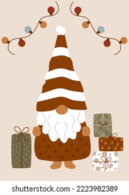 christmas card with gnome and present - vector illustration, eps