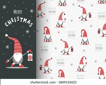 Christmas card with gnome in red hat. Cute scandinavian elves on seamless pattern. Vector illustration in cartoon style. New year design for wrapping paper, textiles, fabric.