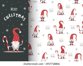 Christmas card with gnome in red hat. Cute scandinavian elves on seamless pattern. Vector illustration in cartoon style. New year design for wrapping paper, textiles, fabric.