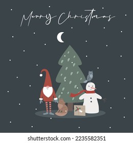 Christmas card. Gnome and snowman at the Christmas tree with a gift fox owl and moon at night