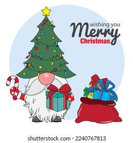  Christmas card. Gnome with Christmas tree and gifts