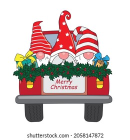 Christmas card. Gnomes in a car with gifts. isolated vector