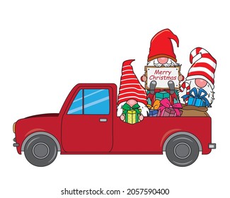 Christmas card. Gnomes in a car with many gifts. isolated vector