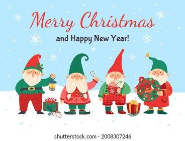 Christmas card with gnomes. Cute xmas elves wishing marry christmas. Cartoon greeting card with elf dwarfs, gifts, snowflakes vector template. Happy new year celebration with funny characters
