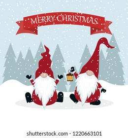 Christmas card with gnomes. Flat design. Scandinavian Christmas