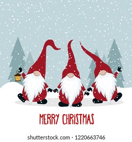 Christmas card with gnomes. Flat design. Scandinavian Christmas