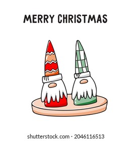 Christmas card with gnomes and the inscription Merry Christmas. Cute vector illustration in doodle style