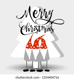Christmas card with gnomes. Merry Christmas banner. Vector illustration.