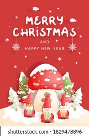 Christmas card with Gnomes and mushrooms, paper cut vector illustration