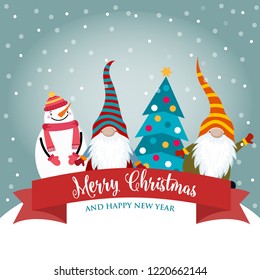 Christmas card with gnomes and snowman. Flat design. Scandinavian Christmas