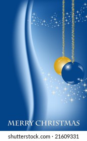 Christmas card with gold balls on blue background