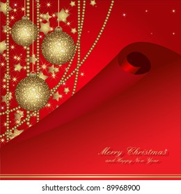 Christmas card with gold balls and tinsel. Christmas postcard for your design. All elements are in separate layers and grouped, easy to edit.