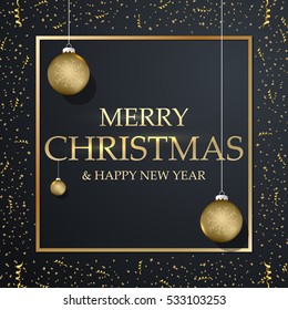 Christmas card in gold and black colors. Place for text with christmas balls