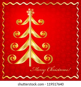 Christmas card with a gold fir-tree on a red seamless textured background and an inscription Merry Christmas! Vector. eps 10