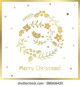 Christmas card with gold greeting wreath and bird on white background. Luxury elegant shiny design. Vector