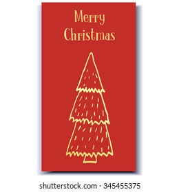 Christmas card with gold hand drawn tree on a red background.