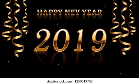 Christmas card with gold letters and numbers 2019, with a gold garland and stars.