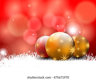 christmas card with gold and red balls on red background