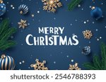 Christmas card with gold snowflakes, blue ornaments, and pine branches on a dark blue background