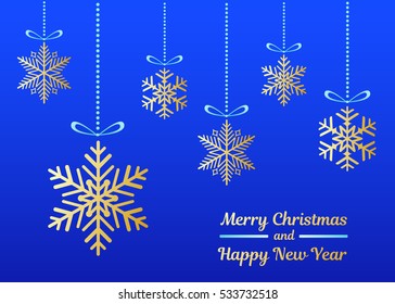Christmas card with gold snowflakes and wishes on blue background. Vector.