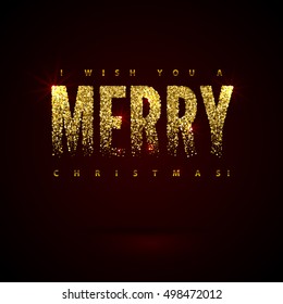 Christmas Card Gold Sparkles on Black Background. Glitter and Calligraphy Greeting X-MAS Poster.