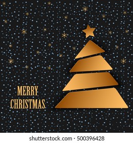 Christmas card with gold tree and falling snow