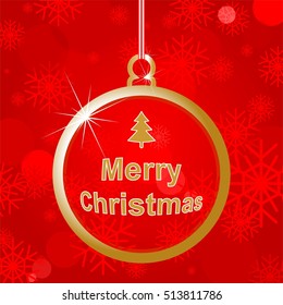 Christmas card with golden Christmas balls with the inscription Merry Christmas on a red background with snowflakes