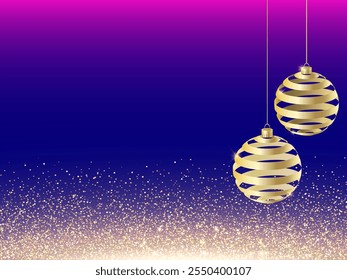 Christmas card. Golden balls on red background. Sparkling Golden Glitter luxury red Background. Falling Shiny Confetti with Gold Shards. Shining Light Effect for Christmas or New Year Greeting Card.