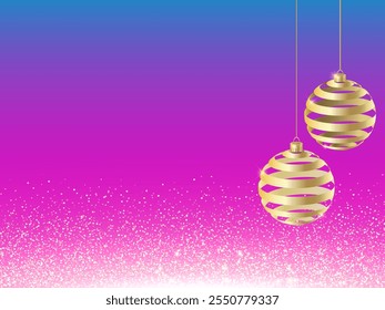 Christmas card. Golden balls on red background. Sparkling Golden Glitter luxury red Background. Falling Shiny Confetti with Gold Shards. Shining Light Effect for Christmas or New Year Greeting Card.