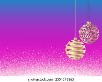 Christmas card. Golden balls on red background. Sparkling Golden Glitter luxury red Background. Falling Shiny Confetti with Gold Shards. Shining Light Effect for Christmas or New Year Greeting Card.