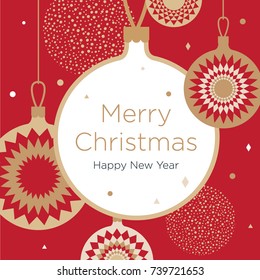 Christmas card. Golden Christmas balls on a red background. New Year's design template with a window for text. Vector flat